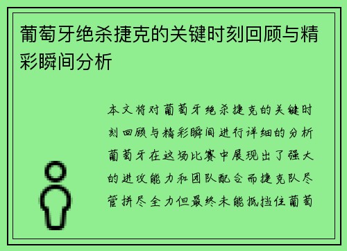 葡萄牙绝杀捷克的关键时刻回顾与精彩瞬间分析