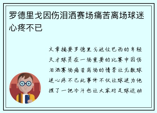 罗德里戈因伤泪洒赛场痛苦离场球迷心疼不已