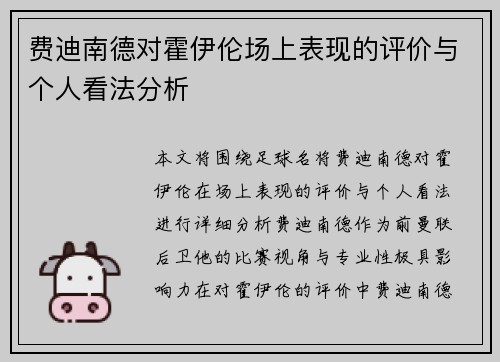 费迪南德对霍伊伦场上表现的评价与个人看法分析