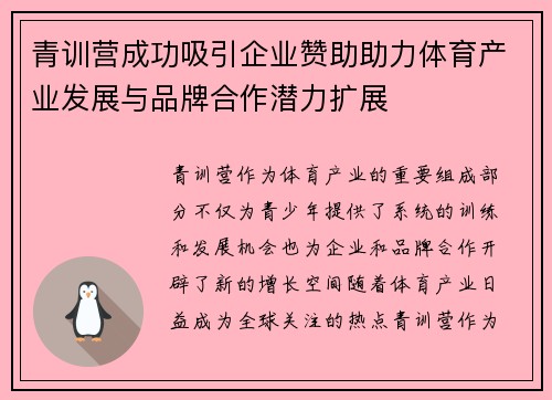 青训营成功吸引企业赞助助力体育产业发展与品牌合作潜力扩展 青训营成功吸引企业赞助助力体育产业发展与品牌合作潜力扩展