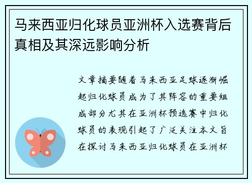 马来西亚归化球员亚洲杯入选赛背后真相及其深远影响分析